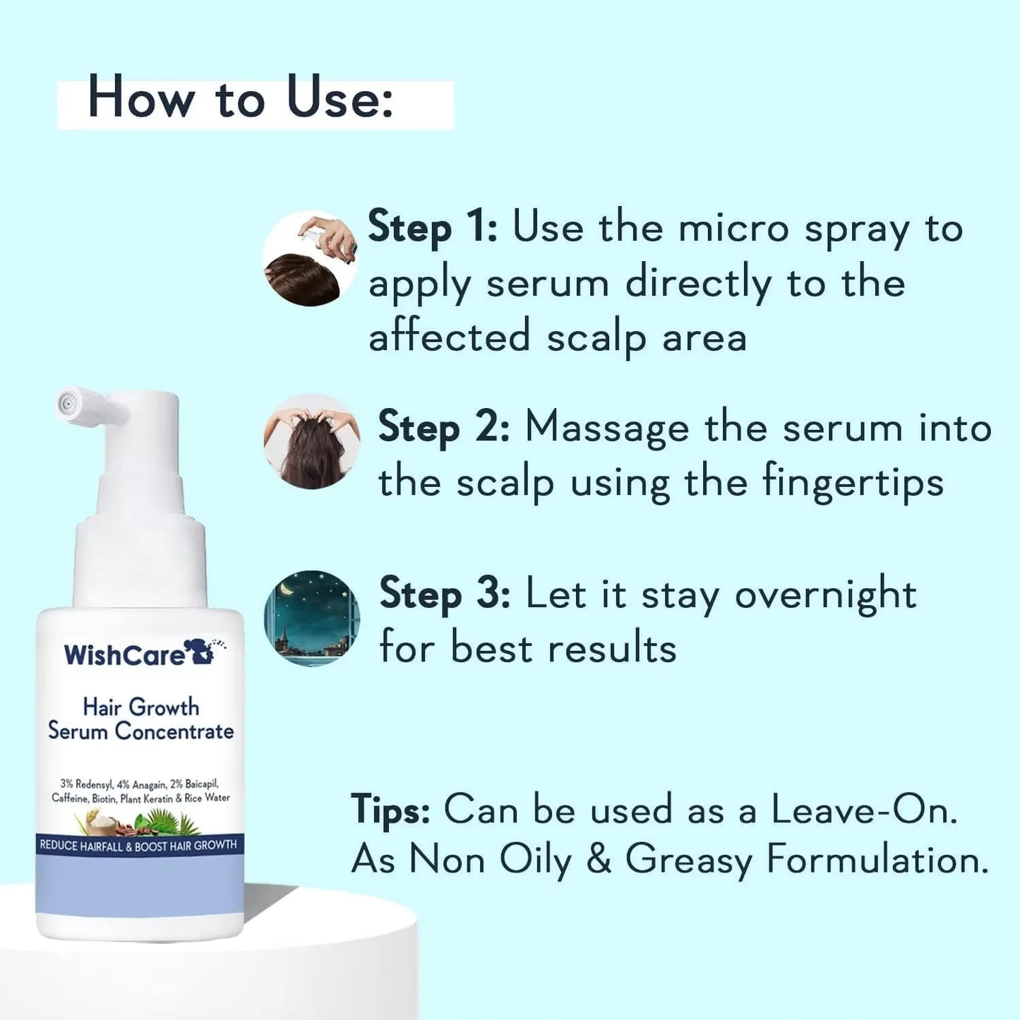 Wish-Care Nourishing Hair Serum: Redensyl 3%, Anagain 4%, Baicapil 2%, Rice Water Phytokeratin
