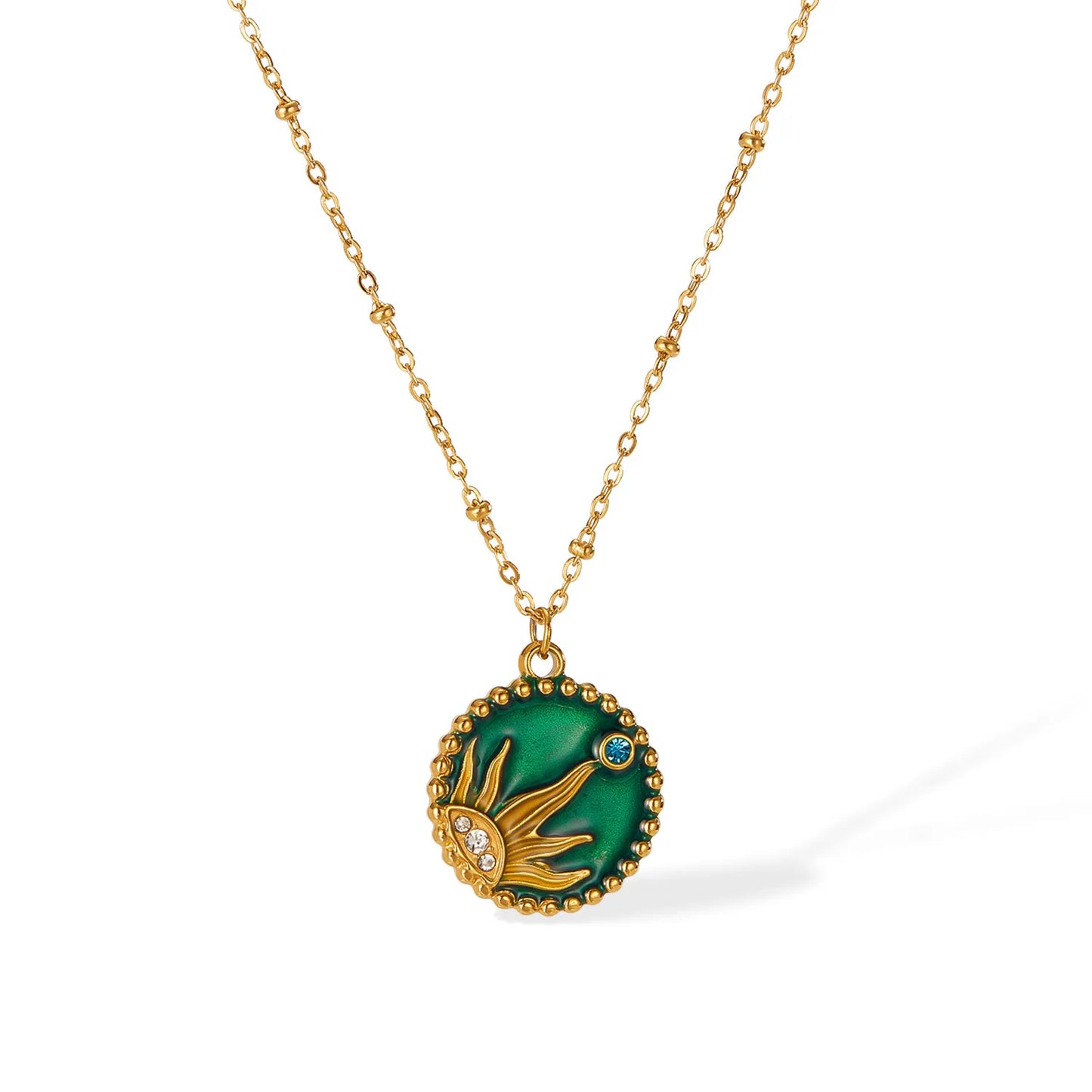 French Retro Stainless Steel 18k Gold Plated Seaweed Shaped Emerald Round Pendant Waterproof Women Necklace YF3989