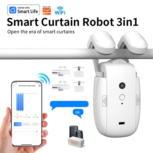 Smart Wi-Fi Curtain Controller (1/2 PC) No-Install Required, App Control, Timer & Light Sensor, Compatible with Roman Rod