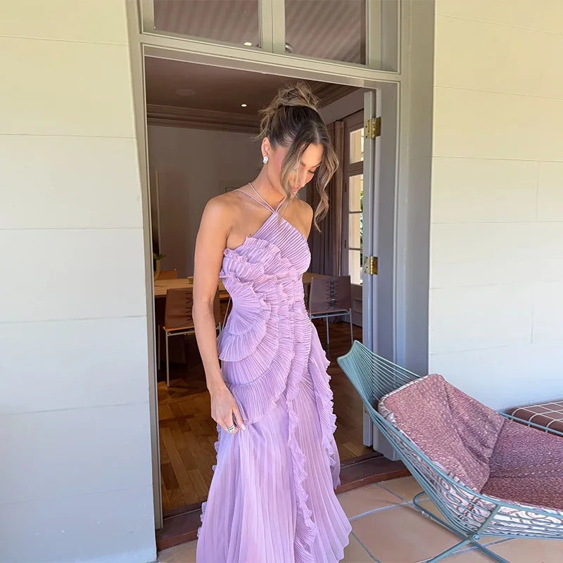 Elegant Purple Chiffon Halter A-Line Prom & Evening Gown — Tiered Ruffles, Backless Long Dress for Parties & Summer Vacations