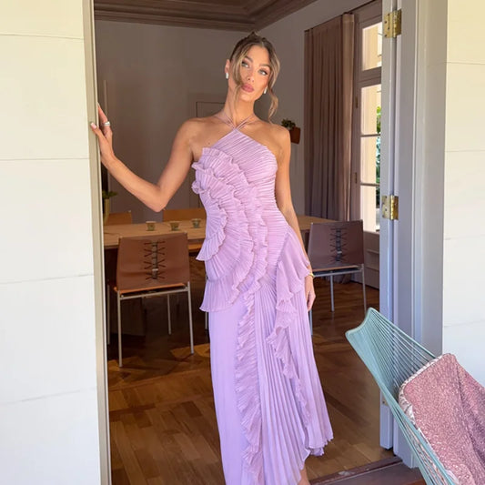 Elegant Purple Chiffon Halter A-Line Prom & Evening Gown — Tiered Ruffles, Backless Long Dress for Parties & Summer Vacations