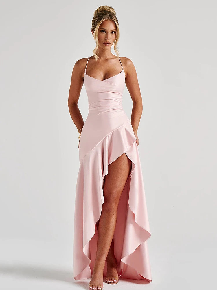 Summer Chic: Asymmetric Slit Satin Maxi Dress for Women