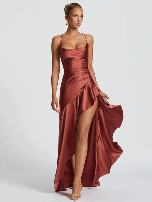 Summer Chic: Asymmetric Slit Satin Maxi Dress for Women