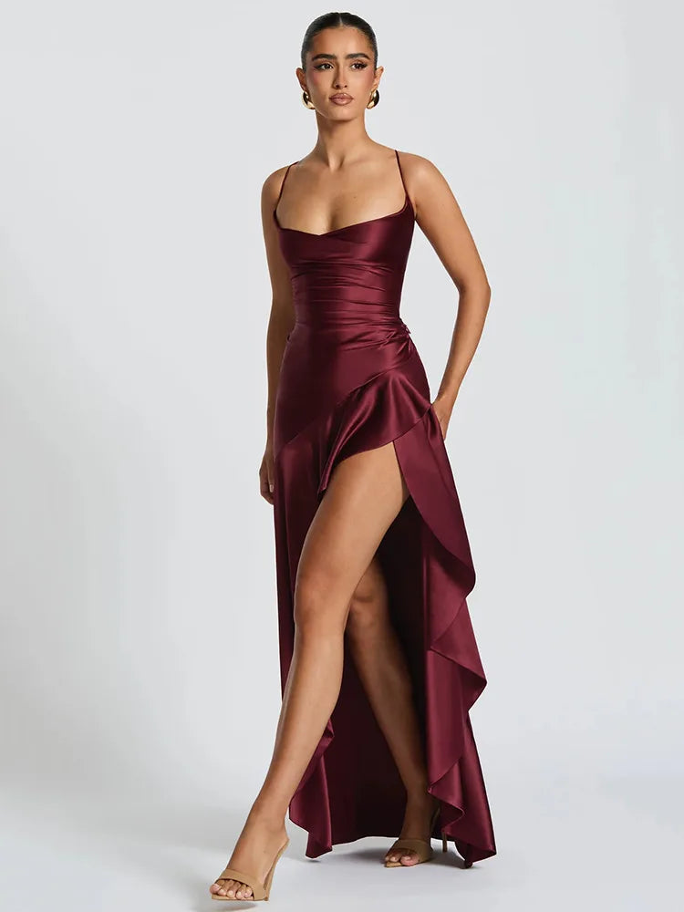 Summer Chic: Asymmetric Slit Satin Maxi Dress for Women