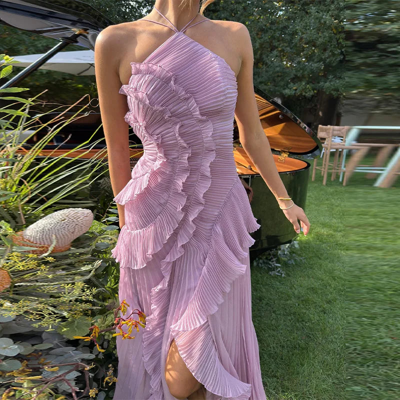 Elegant Purple Chiffon Halter A-Line Prom & Evening Gown — Tiered Ruffles, Backless Long Dress for Parties & Summer Vacations