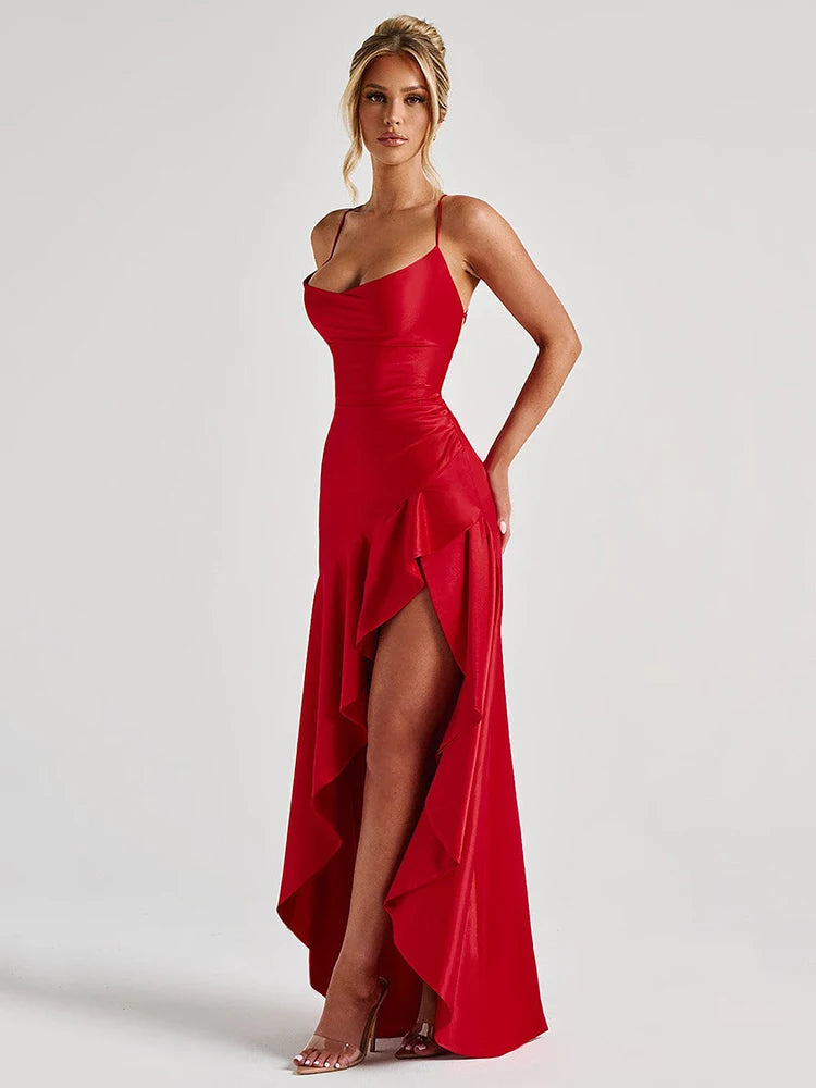 Summer Chic: Asymmetric Slit Satin Maxi Dress for Women