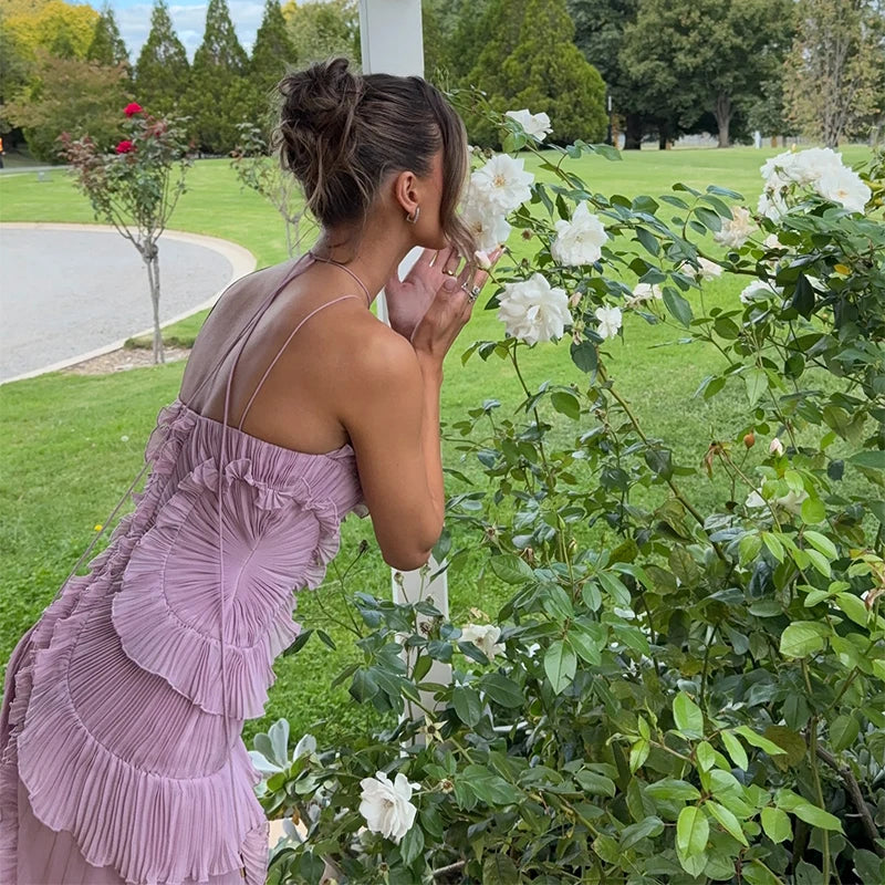 Elegant Purple Chiffon Halter A-Line Prom & Evening Gown — Tiered Ruffles, Backless Long Dress for Parties & Summer Vacations